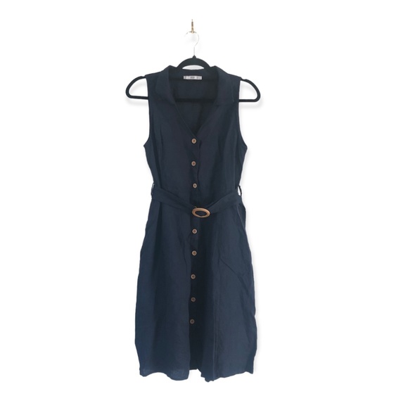 Mango Dresses & Skirts - Mango Navy Linen Button Front Midi Dress with belt